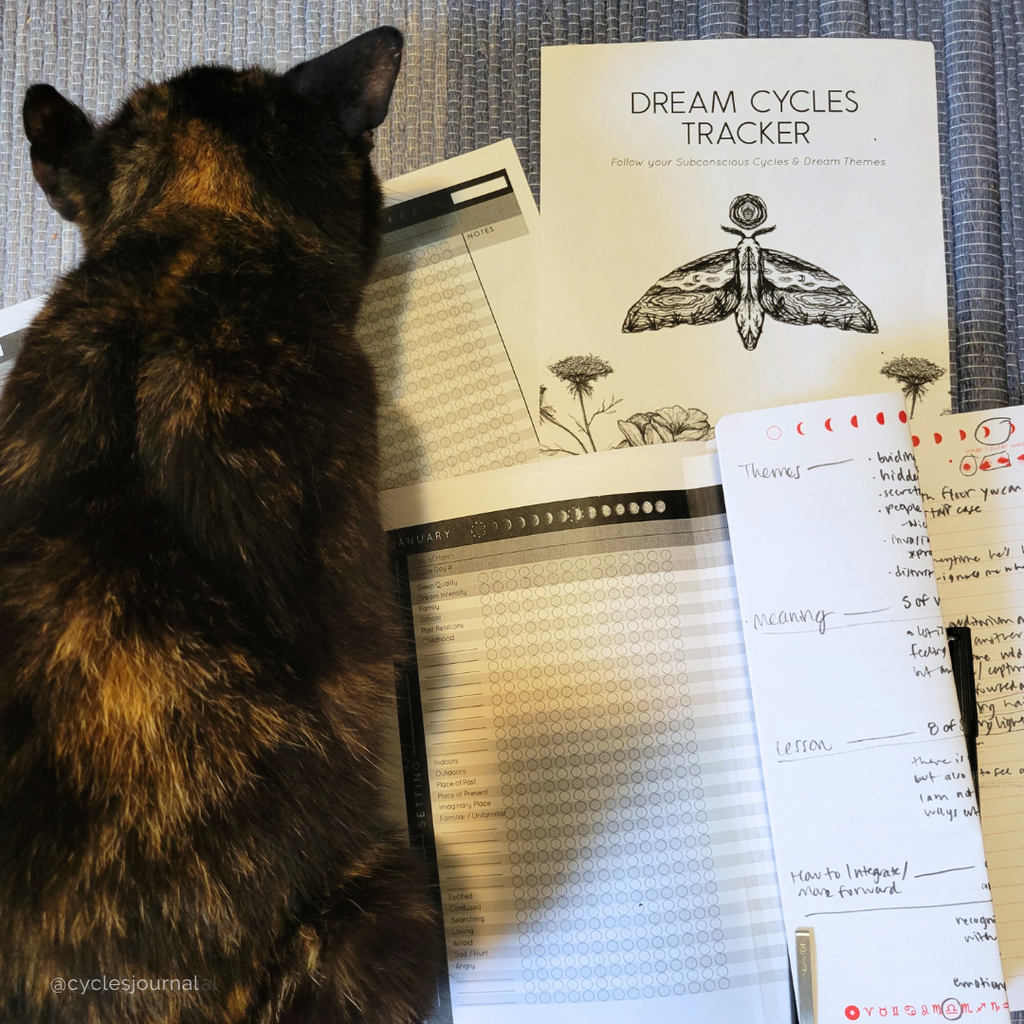 Printed Dream Cycles Tracker PDF with a cat and the Cyclical Notebook made by Rachael Amber