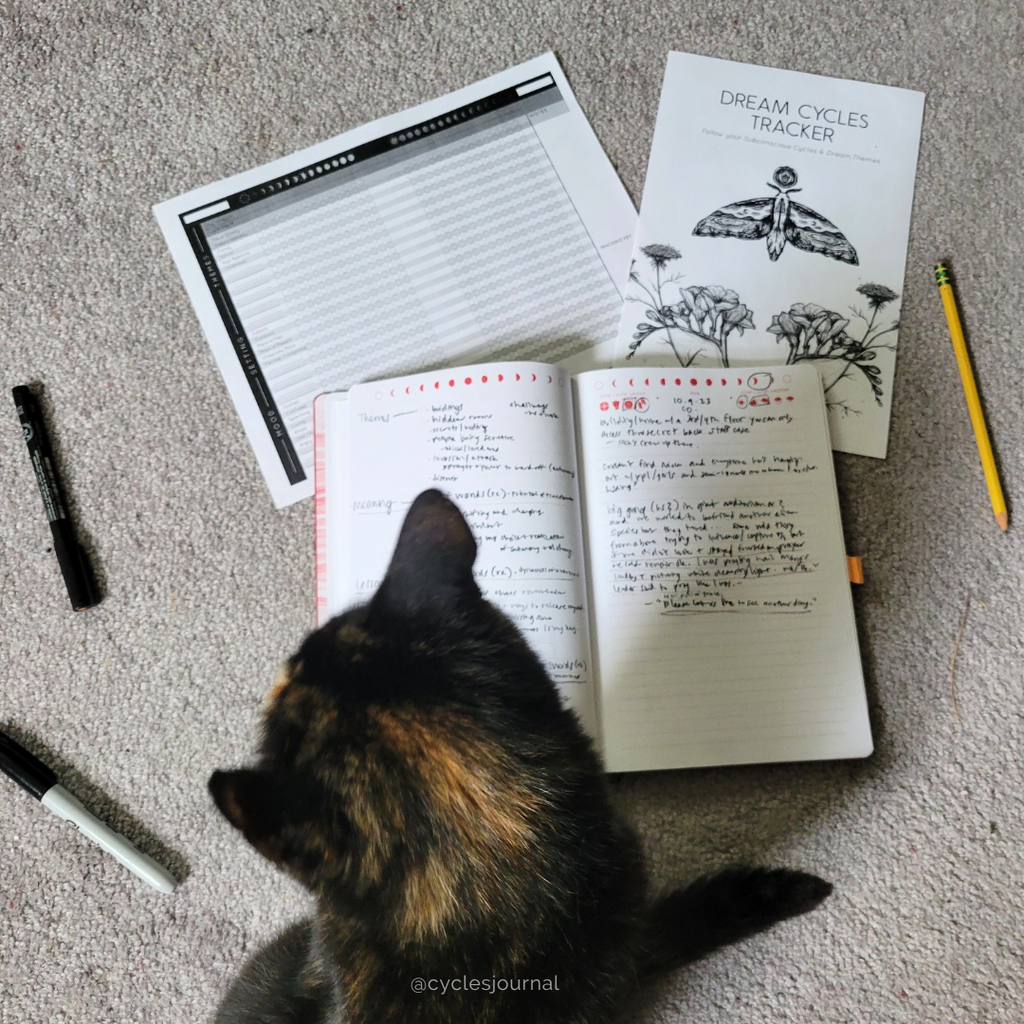 Printed Dream Cycles Tracker PDF with a cat and the Cyclical Notebook made by Rachael Amber